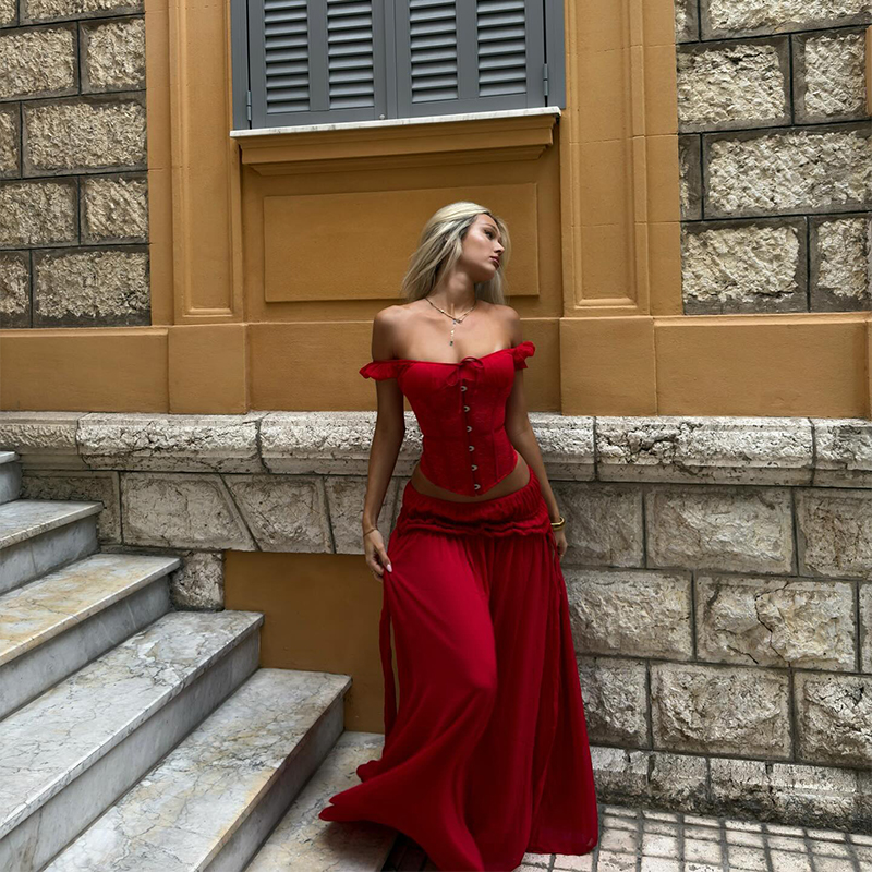 Chic Red Off Shoulder Corset T – Elastic Lace Trim Bewertung und Preis
