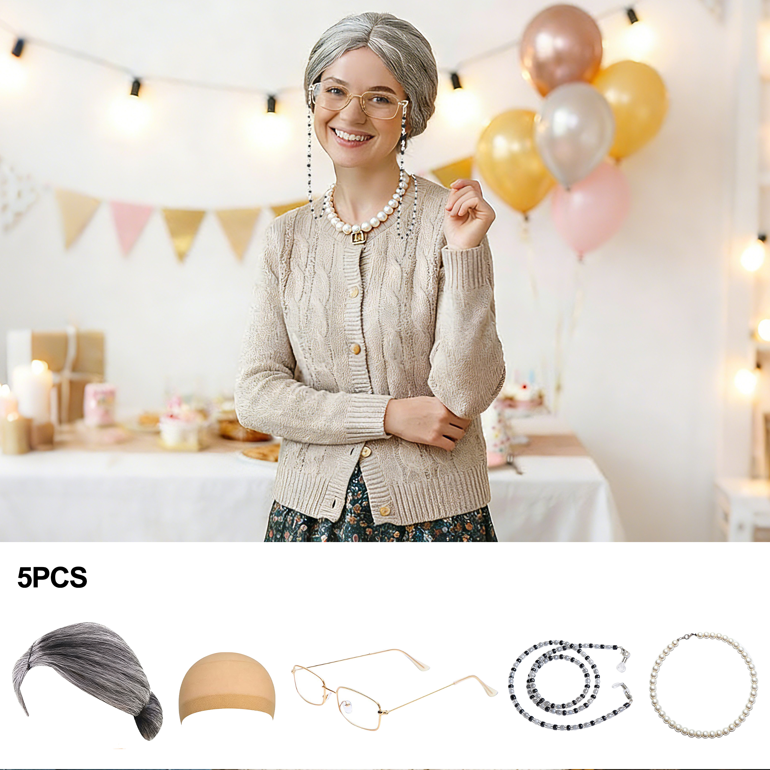 5Pcs Old Lady Costume Set Gran – Pearl Trim Chain Bewertung und Preis