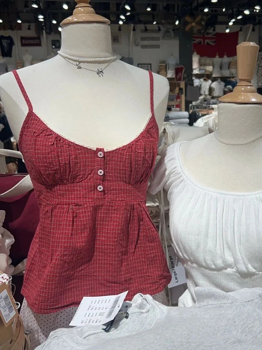 Red Plaid Buttons Tank Shorts  – Elastic Lace Trim Bewertung und Preis